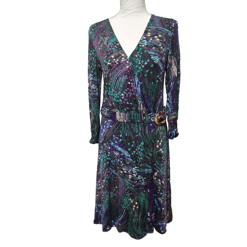 Vintage Cache Faux Wrap Dress Stretch Self Belt Design Plunging V Size Medium